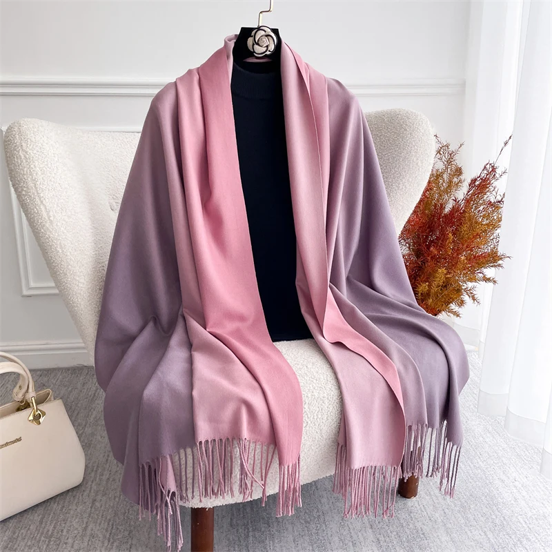 Fashion Solid Kaschmir Warm Schal für Frauen Neue Design Pashmina Winter Doppel Farbe Schal Wraps Bufanda Quaste Decke Poncho – Detail 3