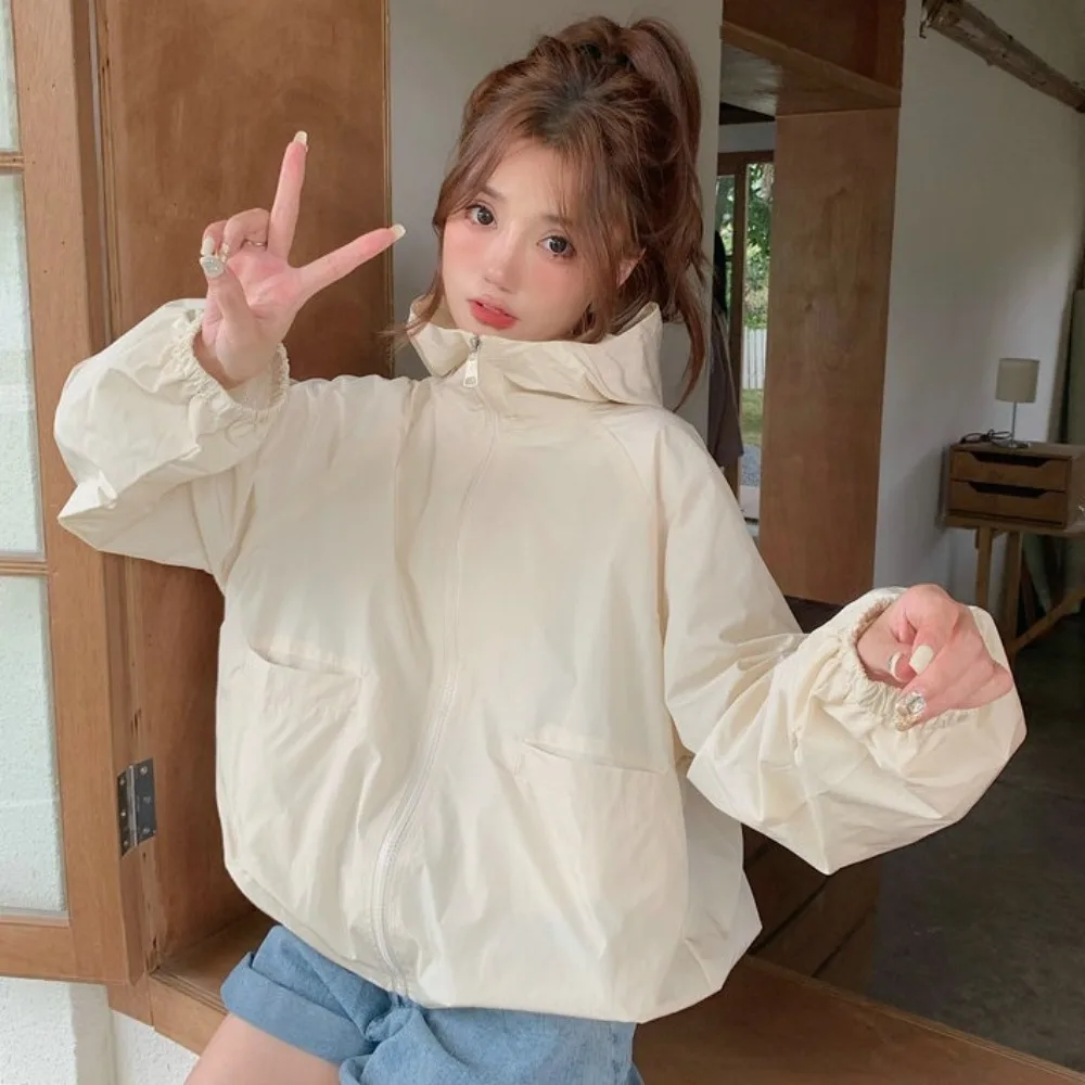 All-match Loose Sunscreen Coat Women Solid Color Windproof Sun-Protective Tops Out Wear Quick-Drying Hooded Jacket Outdoor