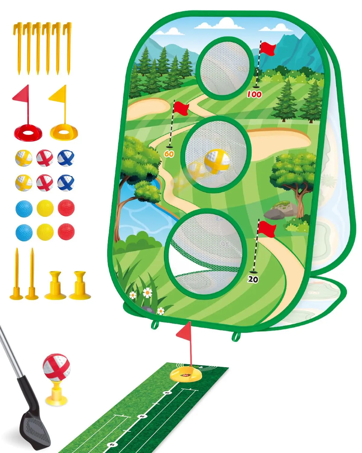 Set di giochi da golf per bambini 4 in 1 Tappetino per pratica di putting da golf Rete da scheggiatura per golf su 3 lati con club per bambini Adulti Modalità multiple Pratica di golf