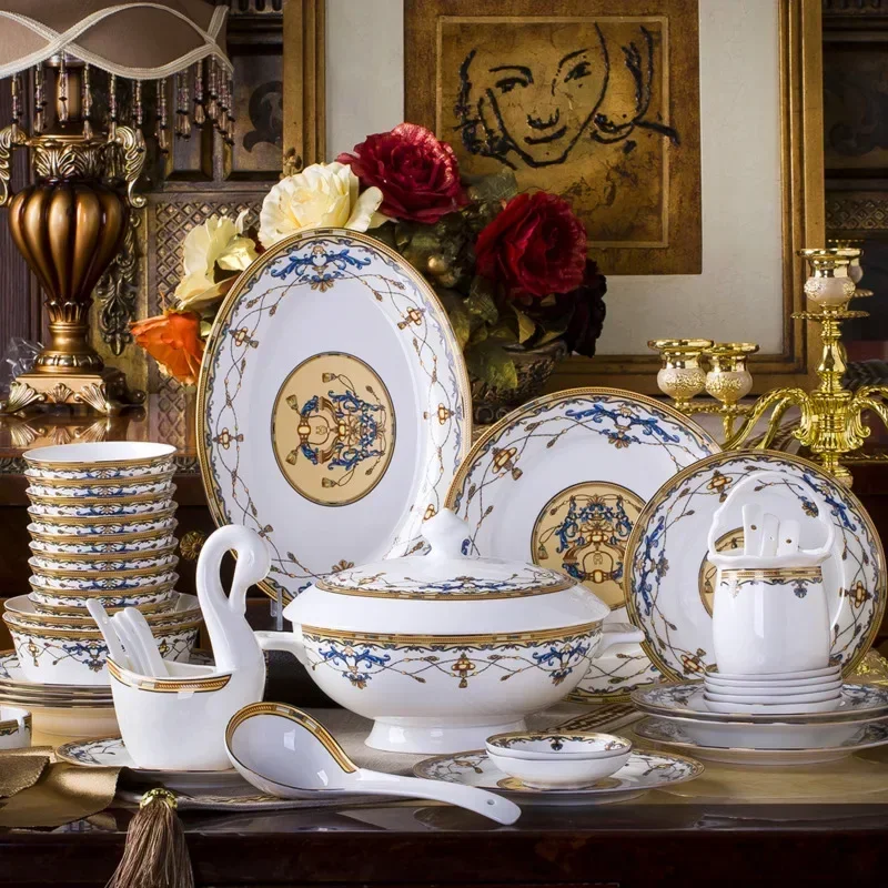 Jingdezhen Bone Porcelain Tableware Set, Elegant Dinnerware, Complete Stylish Kitchen Set, High-End Dining Dishware Set