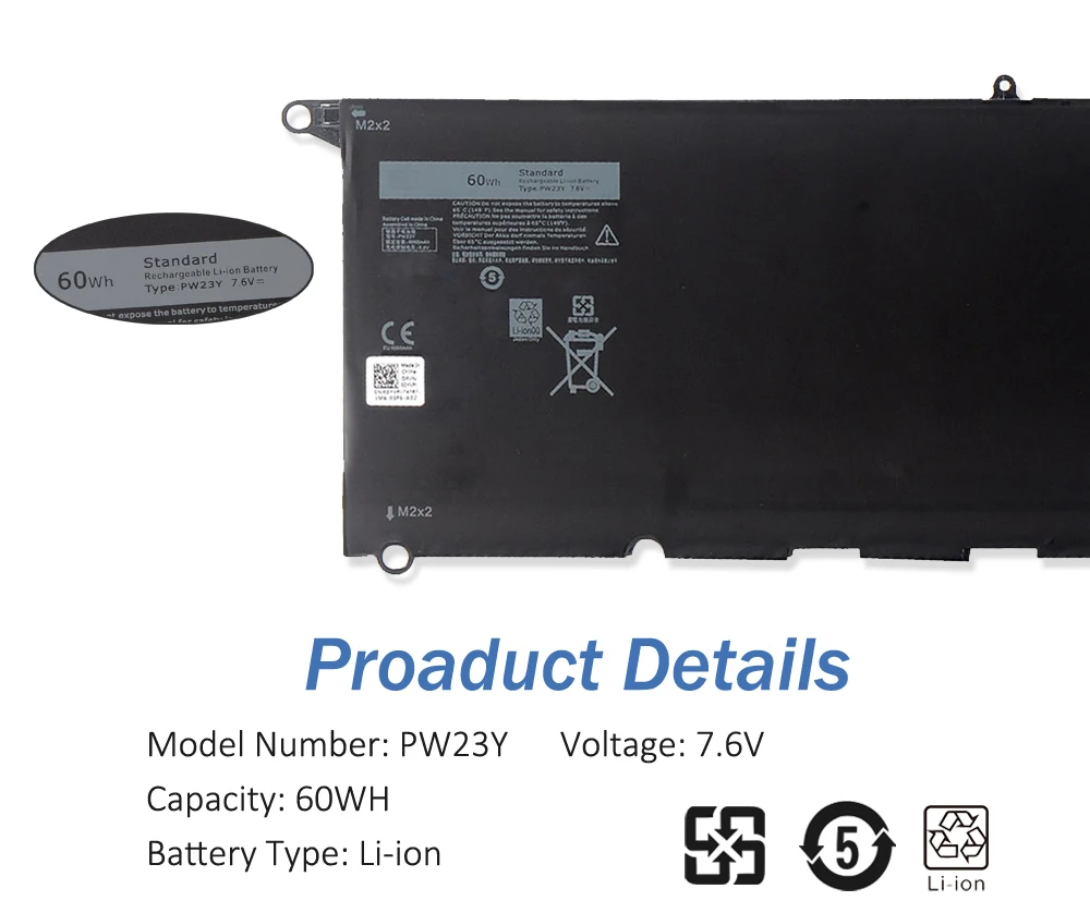 Etesbay-bateria do Portátil para Dell Pw23y Xps 13 9360 9350 13d 9343 Rnp72 Jd25g Jhxpy Rwt1r P54gtp1gt 5k9cp Din02 7.6v 60wh - Imagem 4