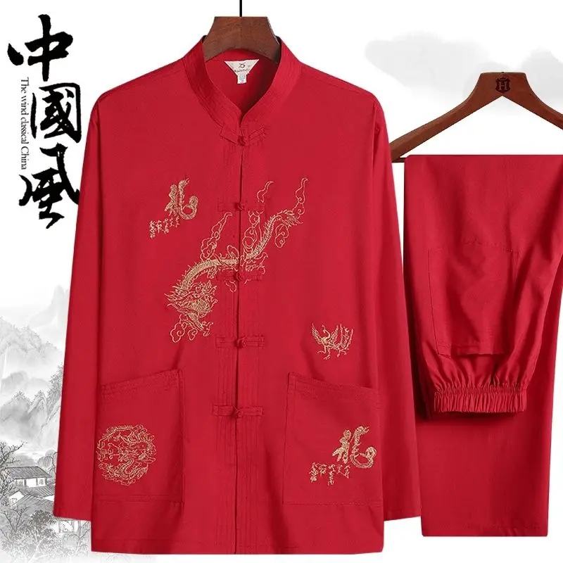 Chinese Embroidery Dragon Print Flower Men's Tang Suit Chinese Traditional Hanfu T-shirt Kung Fu Coat Father's Oriental Cardigan