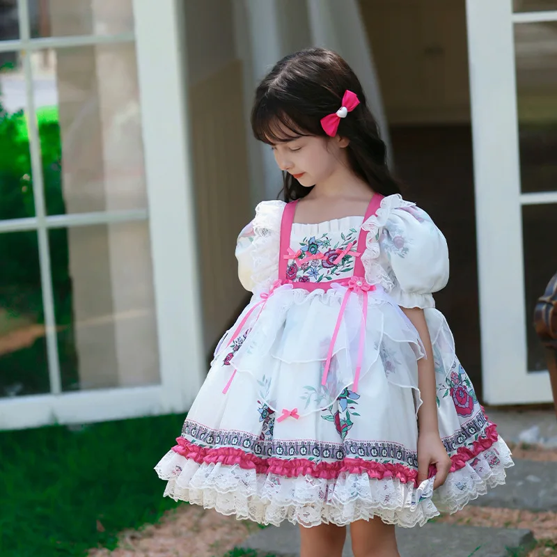 

Spanish Princess Lolita Dresses For Baby Girls printing Lace 1st Birthday Party Fluffy Dress summer Newborn Kids Gown Vestidos