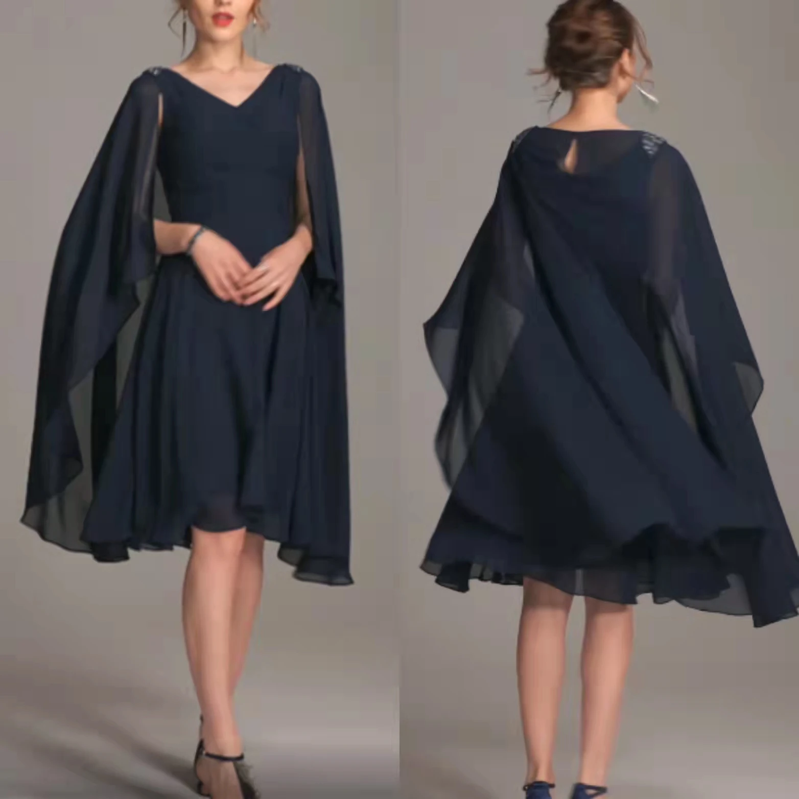 

Elegant Short Beaded Chiffon Mother of the Bride Dresses With Cape A-Line Knee Length Mother of the Groom Dress for Women