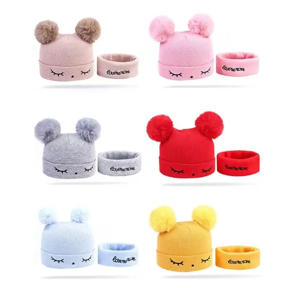 Flexible Cotton Wool Knitted Bonnet Pompom Solid Color Baby Hat 2-piece Set Beanie Warm Beanie Cap