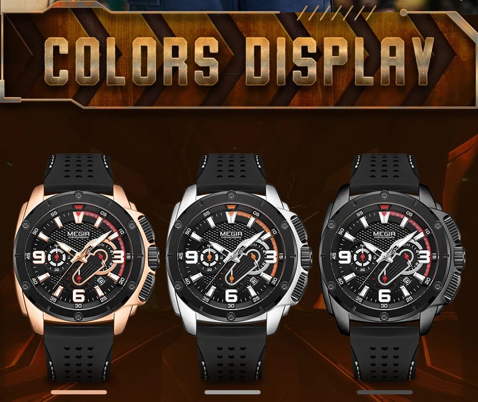 MEGIR New Black Sport Watches Men Luminous Military Watch Silicone Chronograph Quartz Wrist Watch Hot Sell