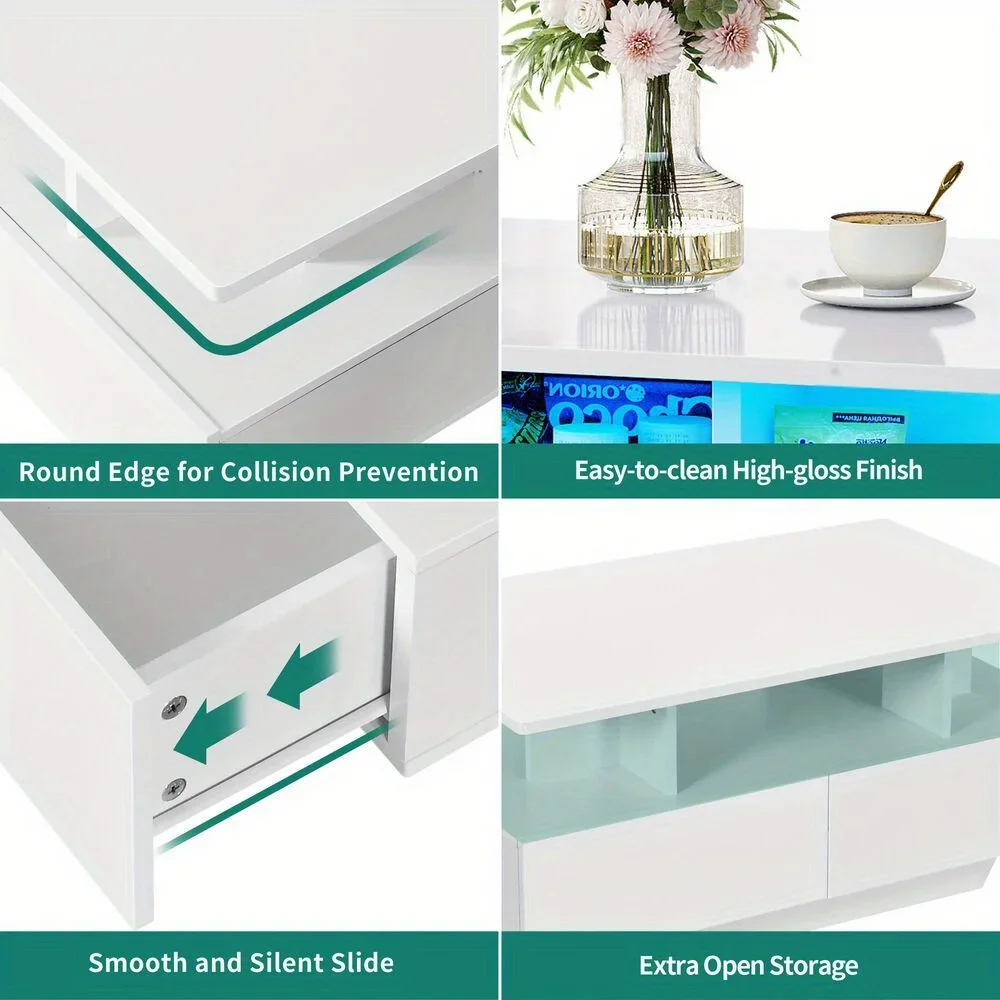 High Gloss Coffee Table Center Cocktail Table with LED Lights & Sliding Drawers