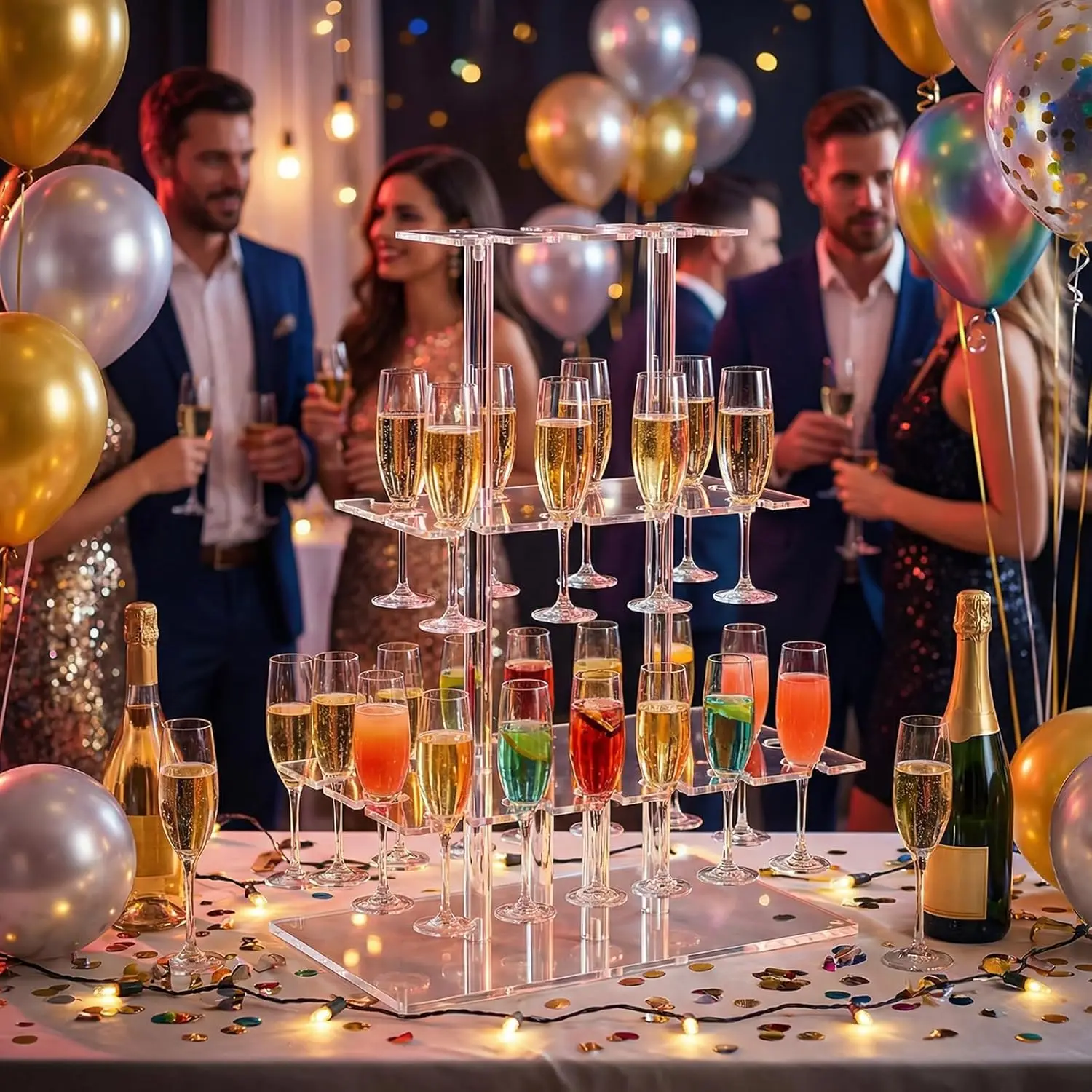 Acrylic Champagne Tower Stand with 32 Slots, 4 Tier Clear Cocktail Glass Tree Stand for Wedding, Champagne Flute Display Holder for Bridal Shower, Baby Shower, Birthday, New Year Party 1