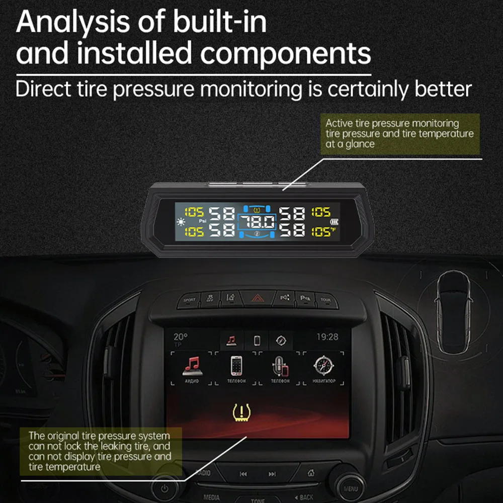 Sistemi di allarme di sicurezza automatici nel display della temperatura dell'auto Sistema di monitoraggio della pressione dei pneumatici per auto USB universale / TPMS solare - Image 4