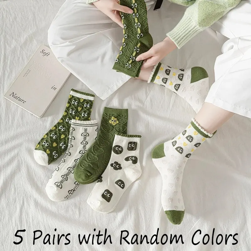 Womens Socks 5 Pairs of Women's Spring and Summer Four-season Green Fun Eyes Personalized Cartoon Comfortable Mid-calf Socks