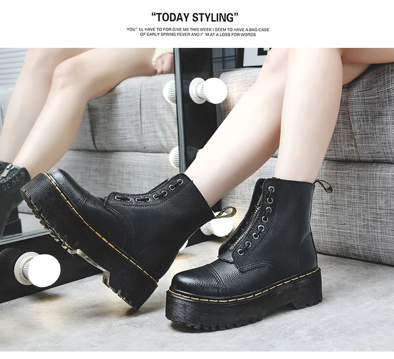 Women Leather Boots - Retro Platform Motorcycle Ankle Boots With Front Zipper
