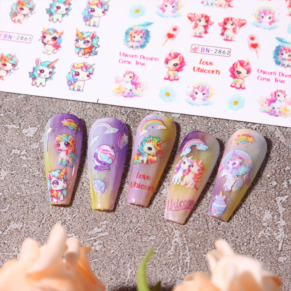 12 Designs Pink Unicorn Water Transfer Slider Rainbow Horse Ice Cream Heart Cartoon Anime Nail Sticker Polishing Nail Decoration nail stickers nail art decoration nail decals