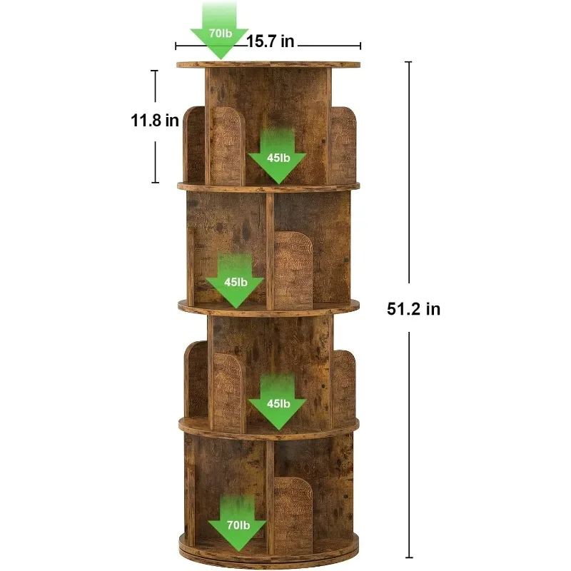Wood Rotating Bookshelf 360 Display 4 Tier Floor Standing Bookcase Storage Rack for Bedroom Living Room