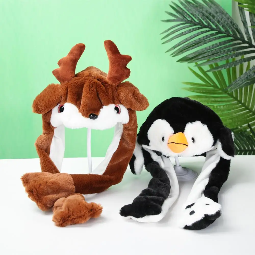 1PC Girls Boys Cute Animals Ear Moving Jumping Hats Plush Keep Warm Soft Funny Cap Women Winter Rabbit Pinch Airbag Hat