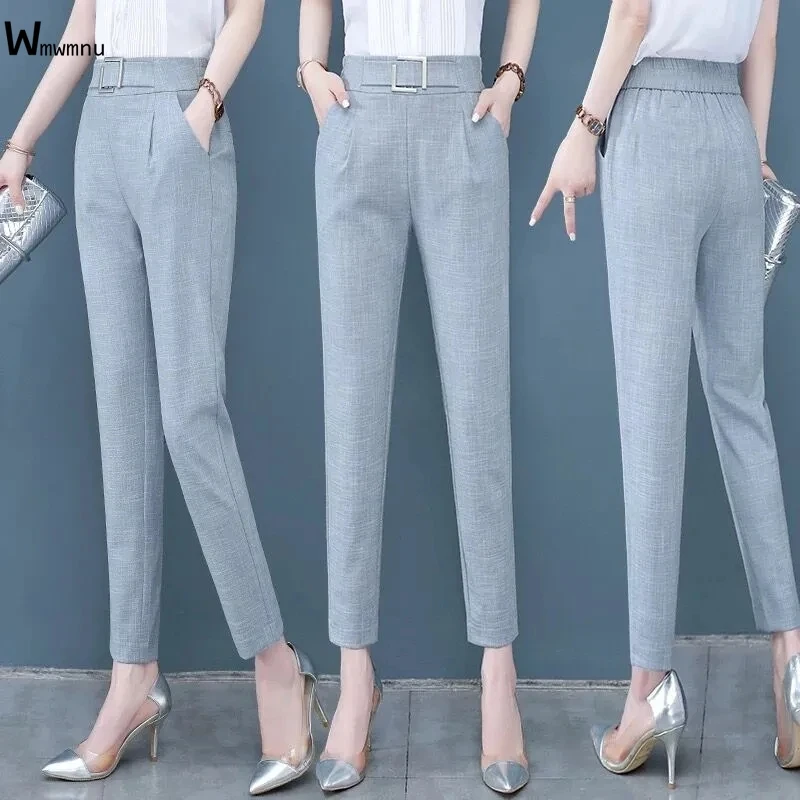 

Casual Elastic Waist Office Straight Trousers Professional Big Size Fit Ankle-Length Harem Pants Metal Decorate Suit Pants Women