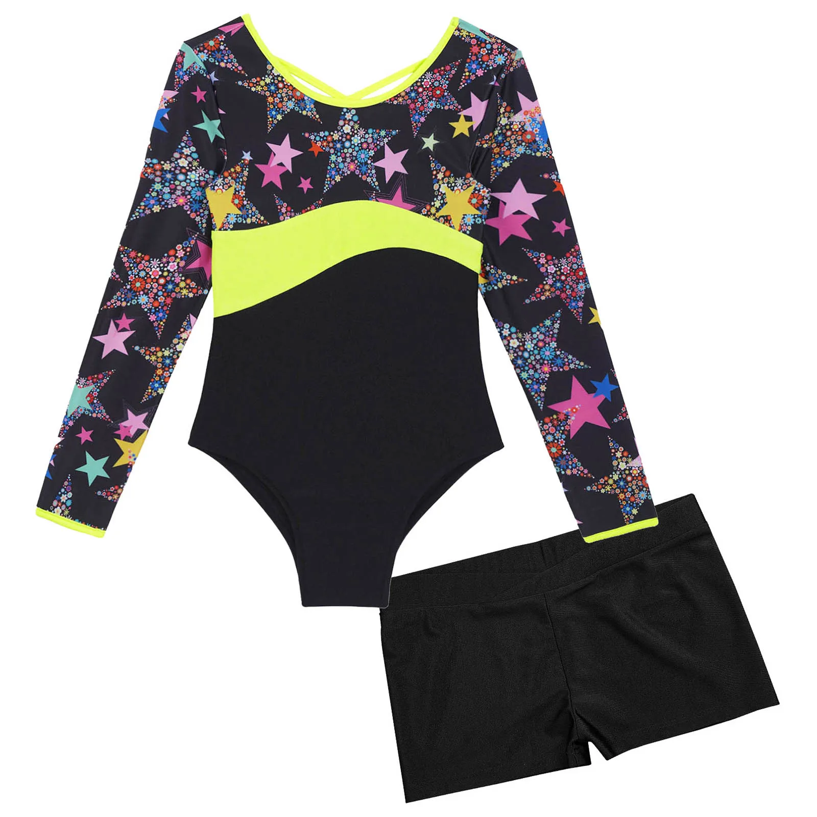 Kids Long Sleeve Gymnastics Leotards with Shorts Dancewear Sets for Yoga Athletic Biketard Jumpsuit Girls Ballet Dance Outfits