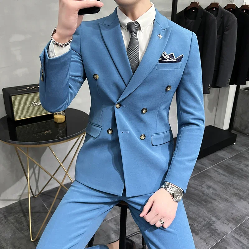 Brand Solid Color Formal Casual Business Office Double Buttons Suit Two-pcs Set Jacket Pants Groom Wedding Dress Party