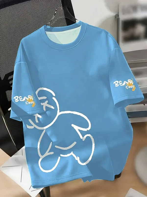 men' round neck breathable T-shirt with cartoon bear print pattern suitable...