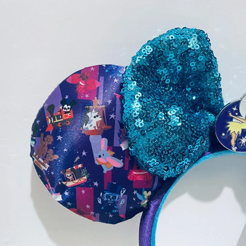 디즈니랜드 귀 장식 티커벨 머리띠 미키 귀 장식 스팽글 리본 금속 엠블럼 성인/아동용 보라색