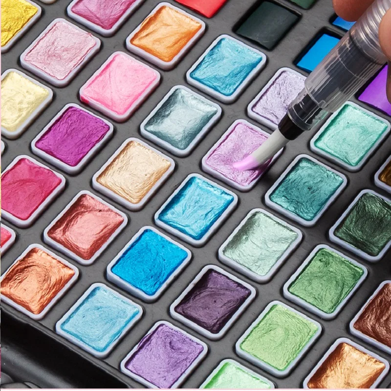 Solid Watercolor Paint Set with Glitter & Standard Color, Pearlescent Pigment Kit Portable Travel Supplies for Beginners Artists