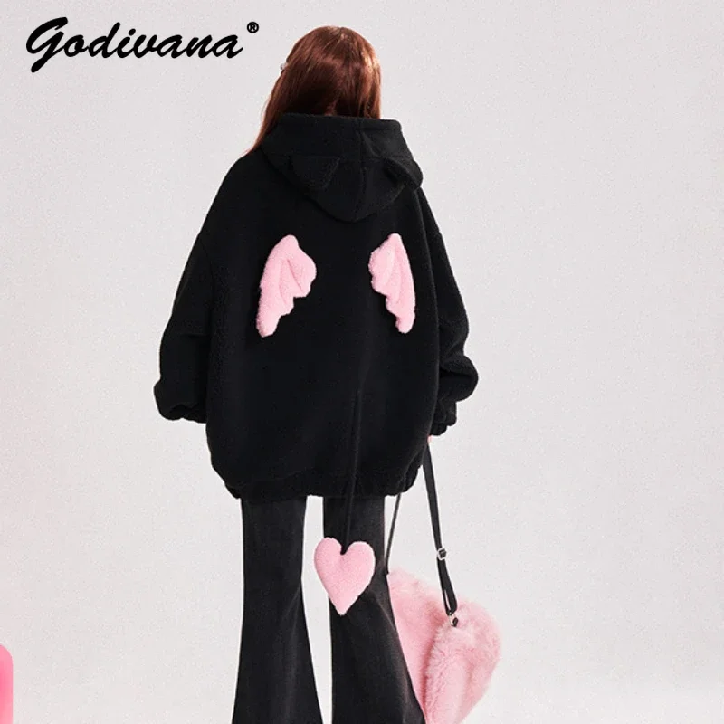 

Autumn and Winter New Black Bow Lamb Wool Hooded Parka Jacket Sweet Cute Women Girls Glutinous Loose Warm Coat Hoodies