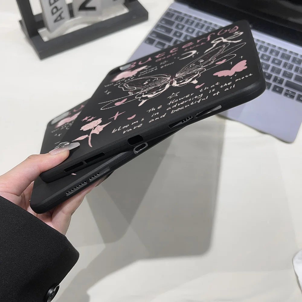Matte Finish Tablet Case with Black Pink Butterfly Rose Design - Y2K Aesthetic