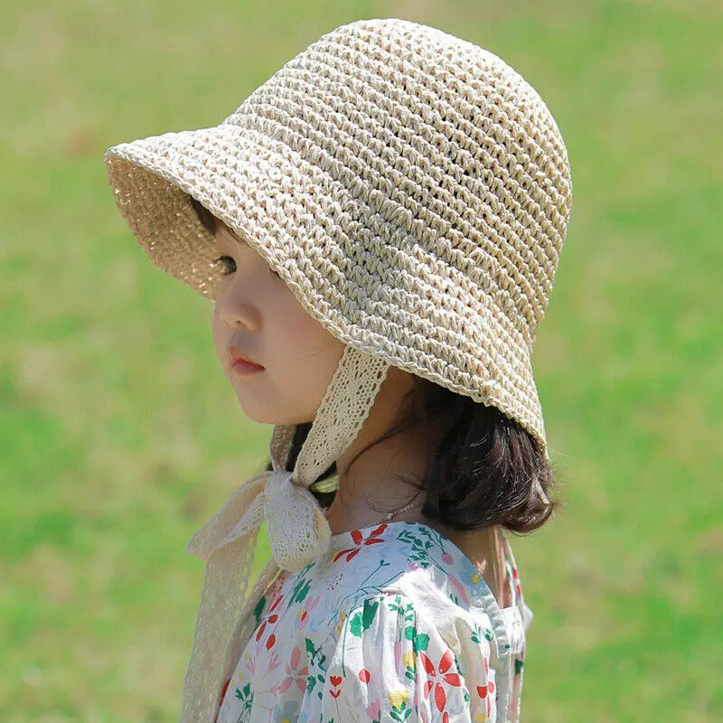

Lace Baby Hat Straw Bow Baby Girl Cap Beach Children Panama Hat for Kids 1PC