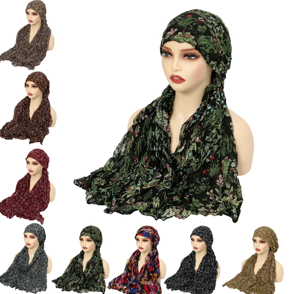 

Women Fashion Leaves Flower Print Turban Hat Pre Tied Scarf Headwrap Stretch Head Scarf Pretied Bandana Turbante Muslim Hijab