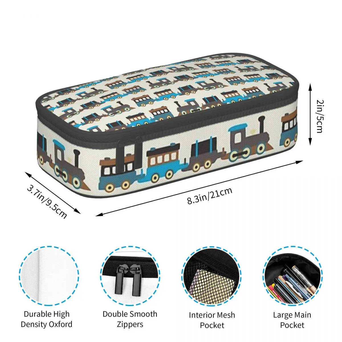 Blue And Brown Wooden Toy Train Pencil Cases Large Storage Pen Bags Pen Box Pencil Pouch For Boys Girls Students School Office