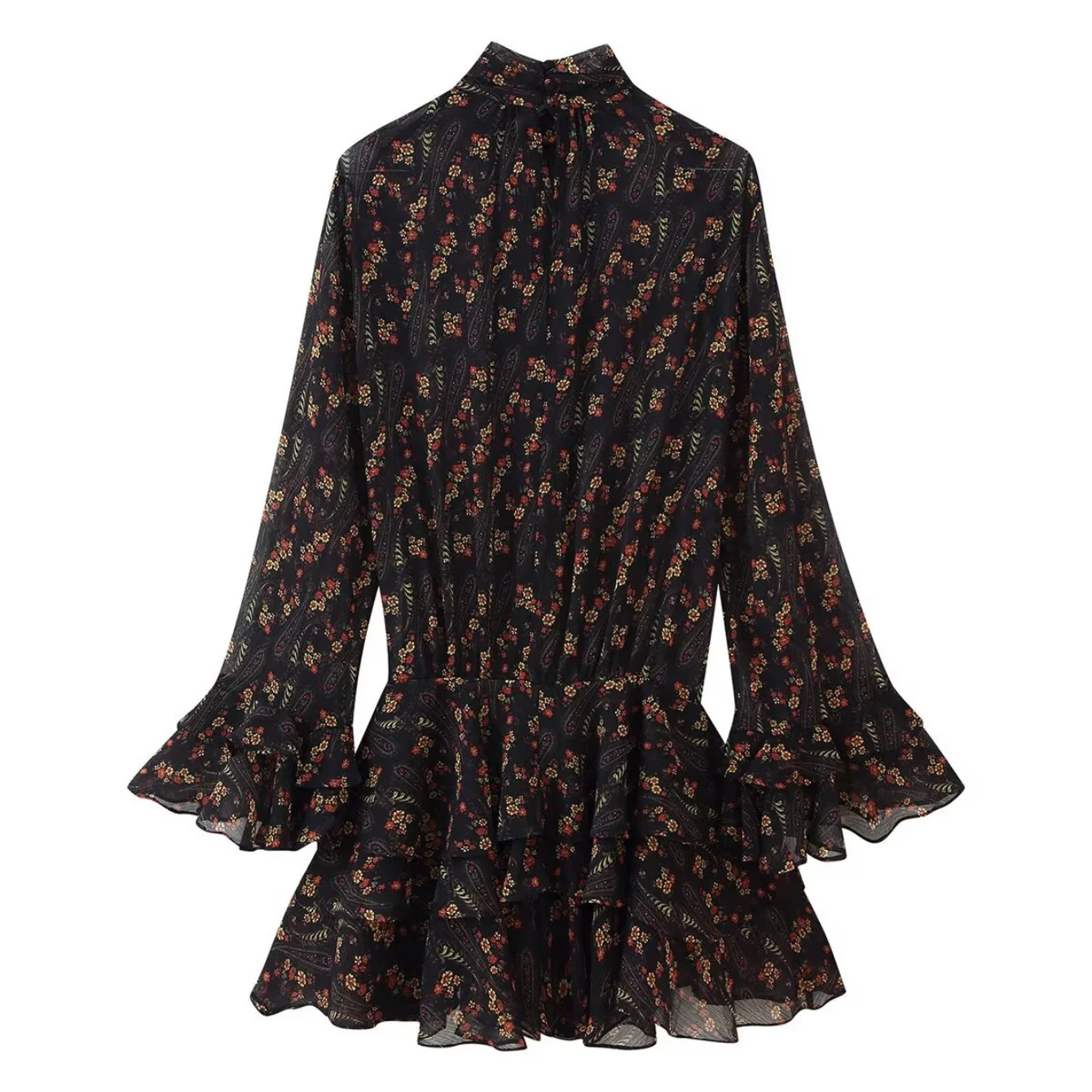 Women Floral Print A-Line Mini Dress Female Half High Collar Perspective Long Sleeve Dress Spring French Style Elegant Dress