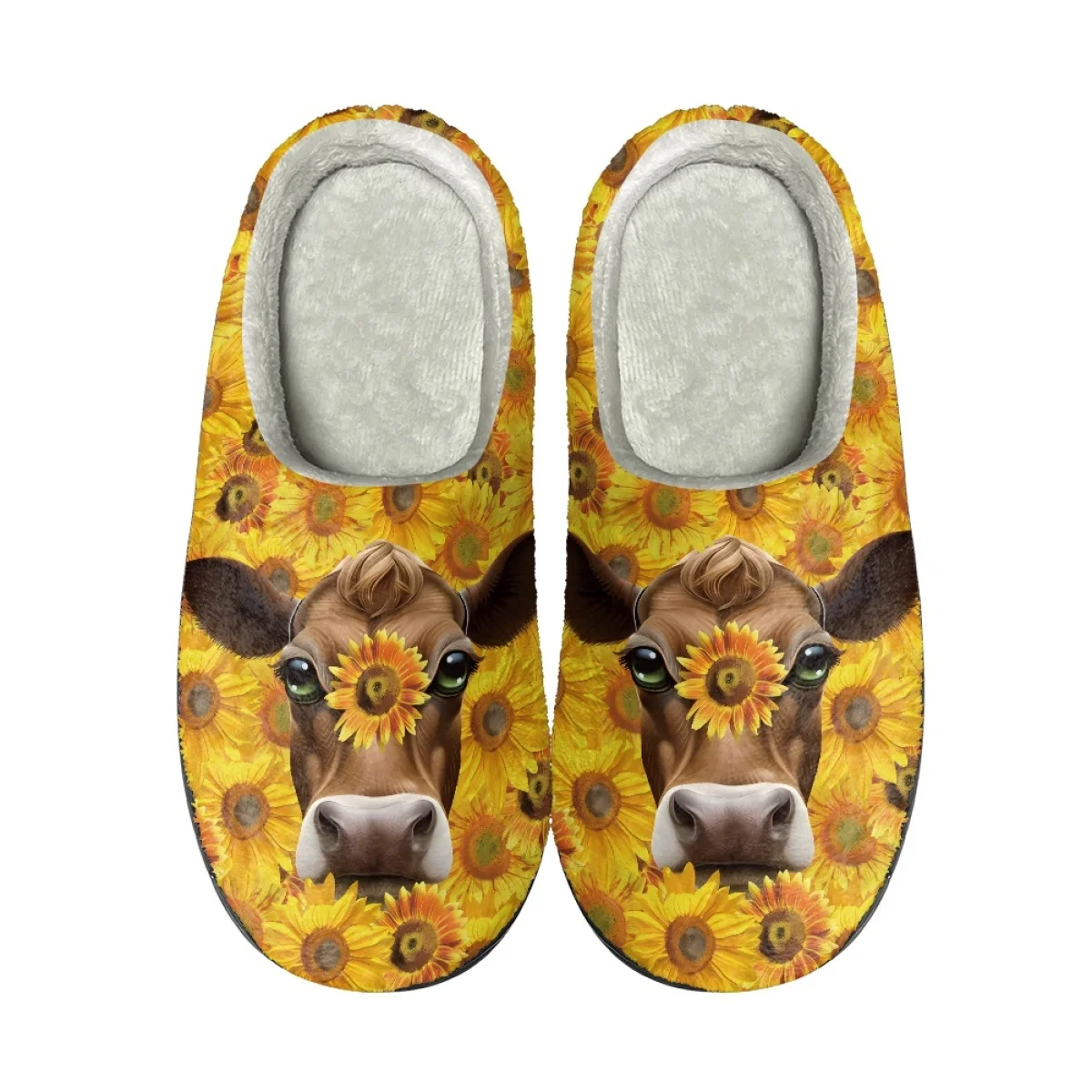Cute Cartoon Sunflower Cow Pattern Autumn Winter Home Non-slip Cotton Slipper Outdoor Dirt Resistant Woman Men Plush Slippers
