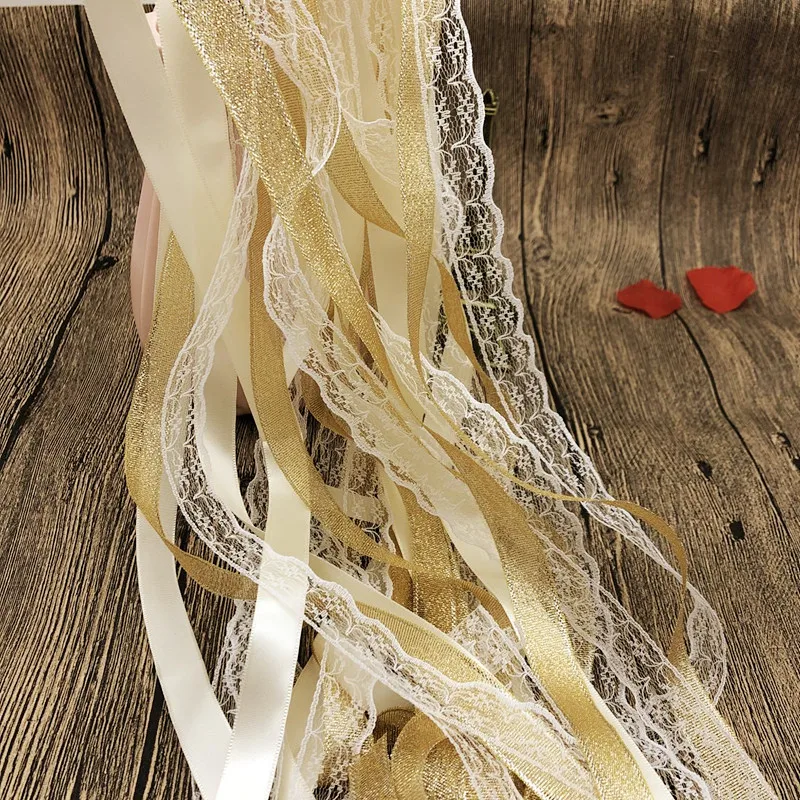 Whitney New 1674 Wedding Event Decoratn Lace Gold Wedding Wands Ribbon Pull Lawn Wedding Party Guest Hand Hold Cheers Wand