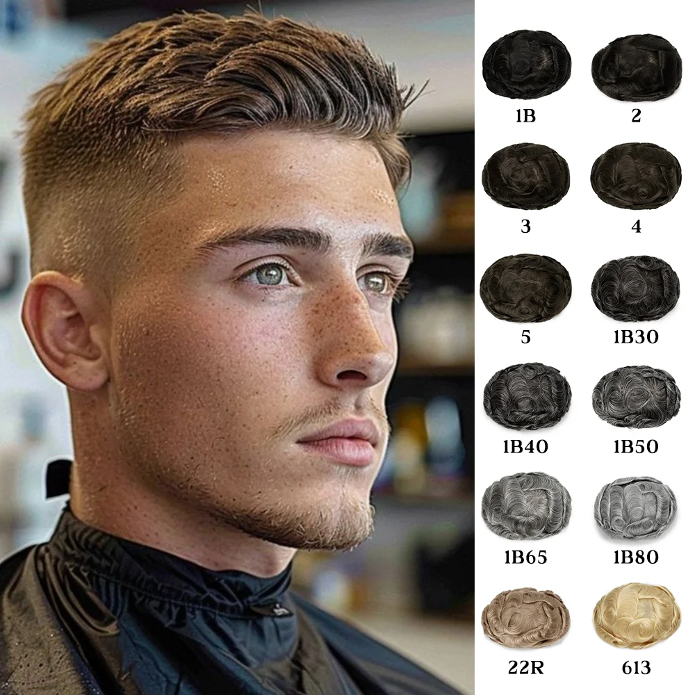 Parrucca da uomo, protesi capillare maschile, toupee da uomo 0.06-0.08mm, capelli umani con doppi nodi resistenti, toupee da uomo, parrucche maschili