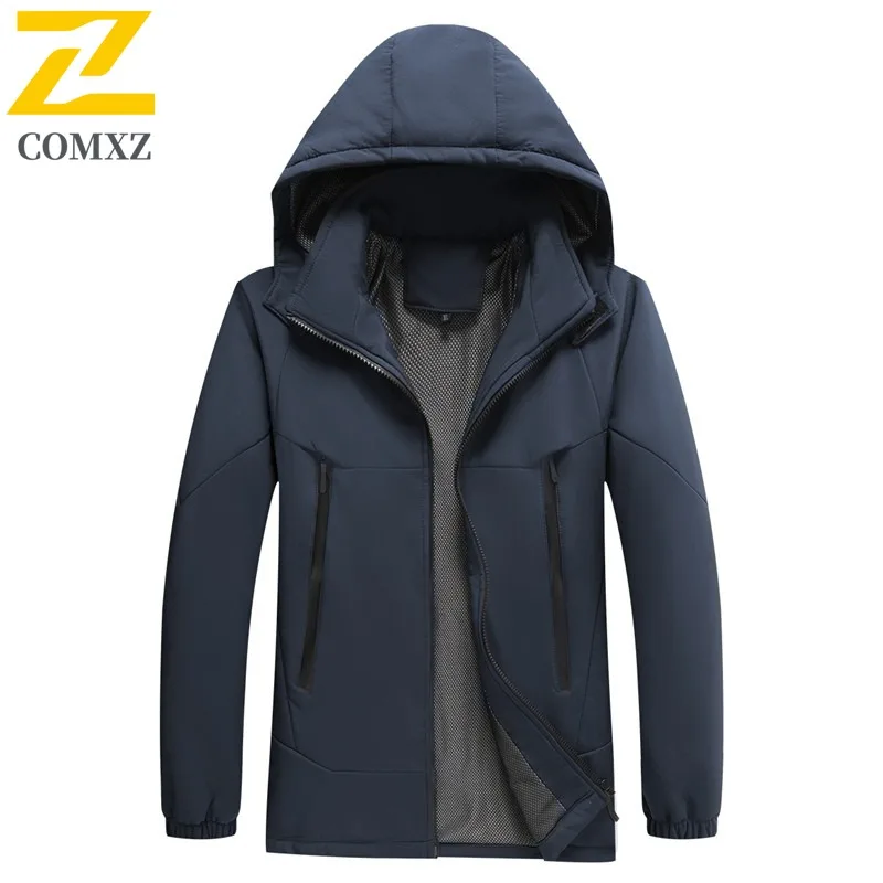 COMXZ Chaqueta Waterproof Solid Color Hooded Outdoor Camping Running Trench Coat Work Wear Resistant Comfortable Men's Outerwear