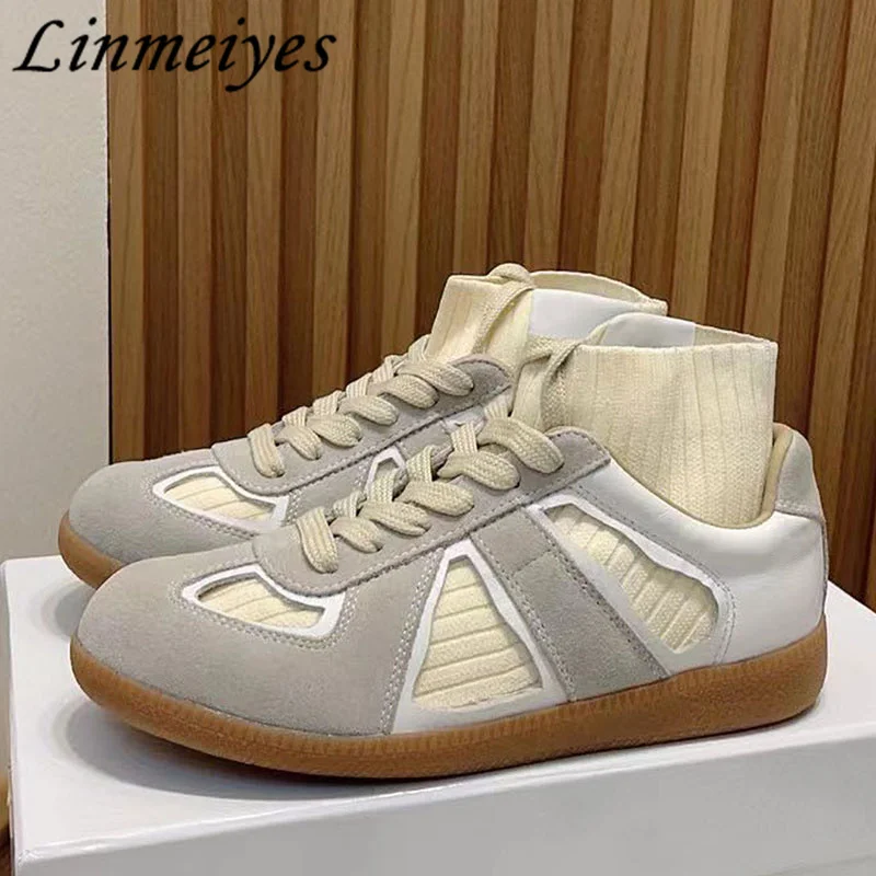 

New High Top Casual Shoes Women Cow Suede Patchwork Knit Walk Shoes Unisex Classic Derby Shoes Comfort Versatile Sneakers Men