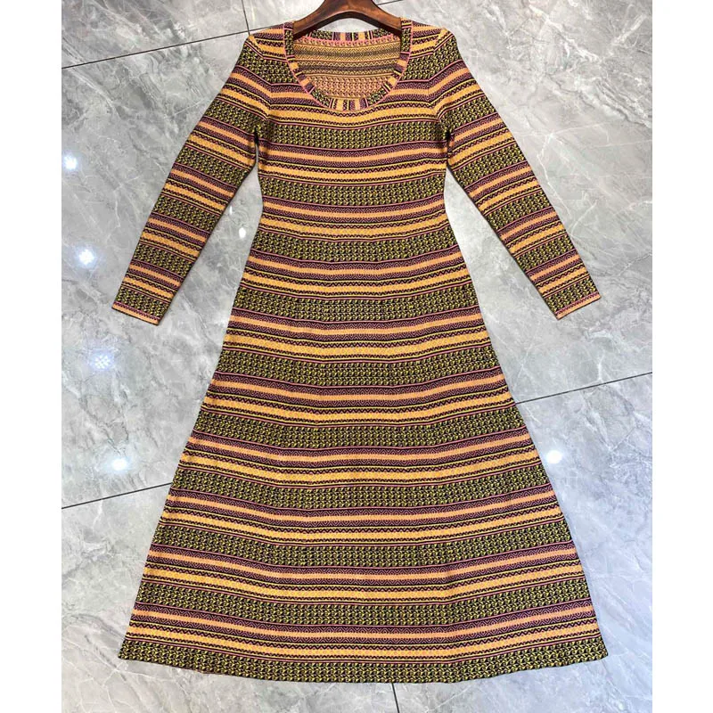 

11.23 Autumn New Women's Knitted Long Sleeve Maix Dress Fashion Vintage Striped U-Neck Collect Waist Slim Dress Women Clothing