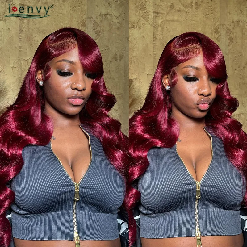 13X6 99J 버건디 HD 레이스 프론탈 인모 가발 브라질산 컬러 체리 레드 30 34인치 바디 웨이브 레이스 프론트 인모 가발
