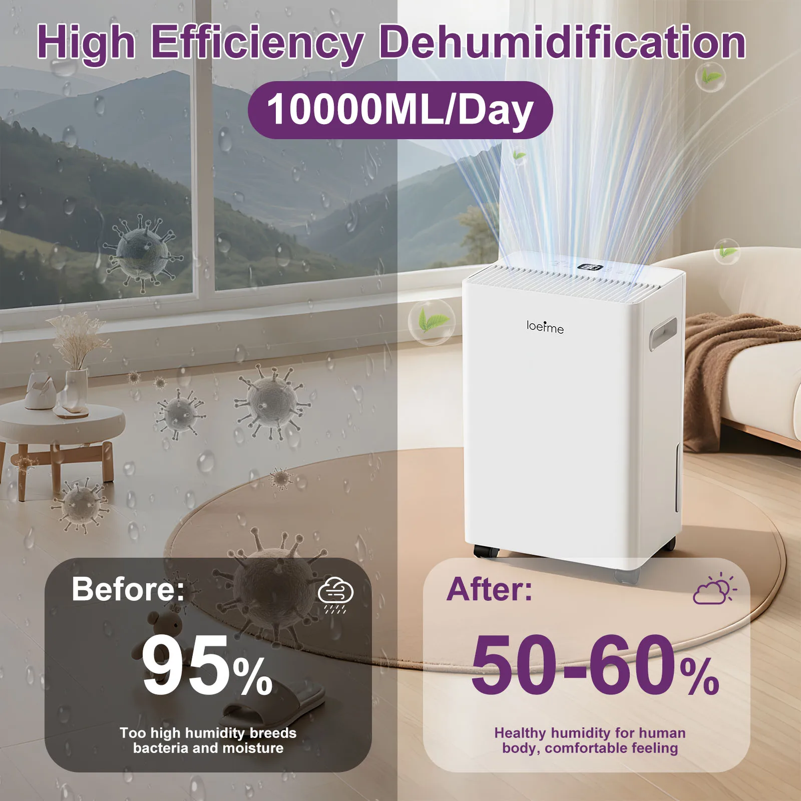 Déshumidificateur LOEFME 10L avec capteur d'humidité automatique, minuterie 24H, 3 modes pour la maison, affichage numérique à drainage continu, mode sèche-linge 2