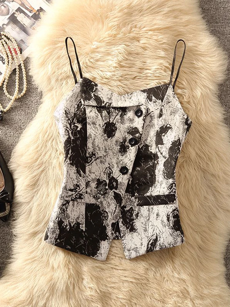 Printed women's 2024 summer clothing new slim fitting vest pleats  women vest  jackets for women 2024