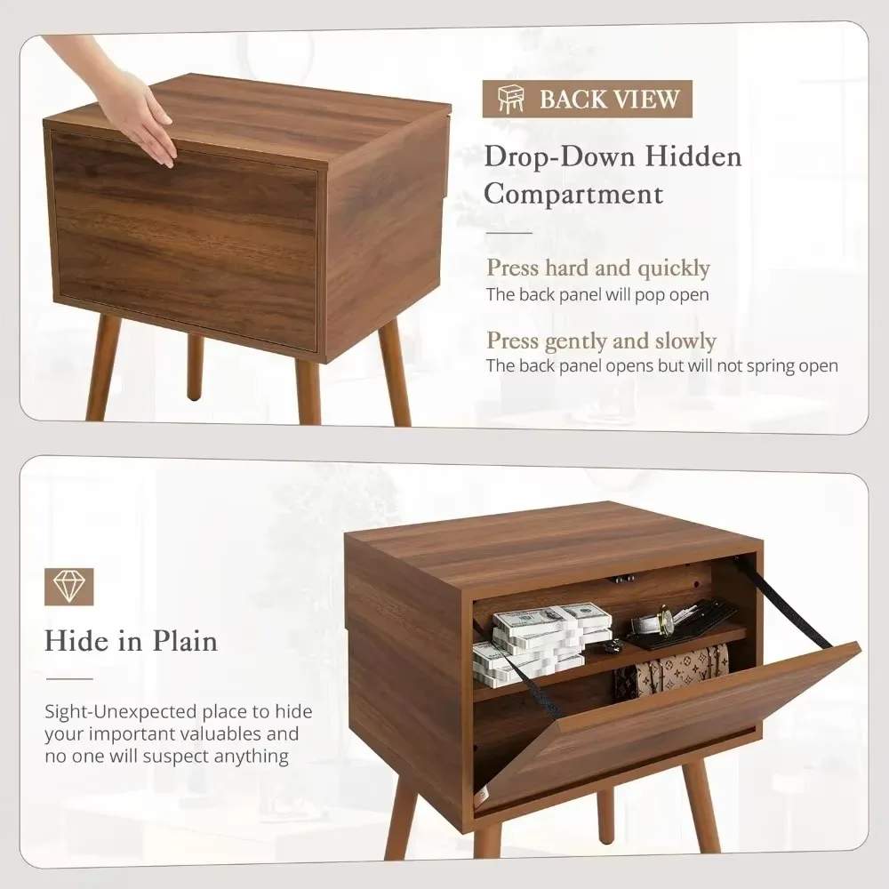 Hidden Compartment Nightstands, Mid Century Modern Concealment Furniture, Bedside Table with Wood Legs, End Table 4