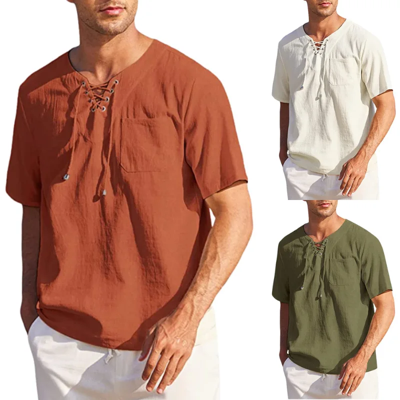 

Cotton Linen lace-up casual short sleeve shirt men Hawaiian blouses solid color fashion streetwear men's summer clothing