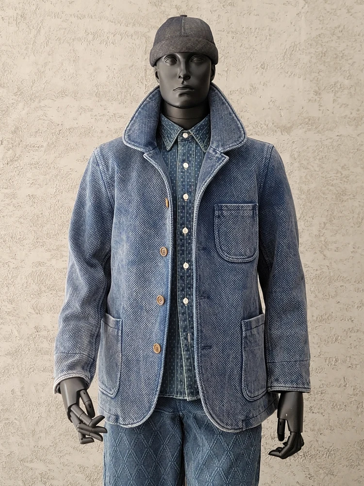 Men's Sashiko Suit Jacket Indigo Blue Vintage Workwear 2