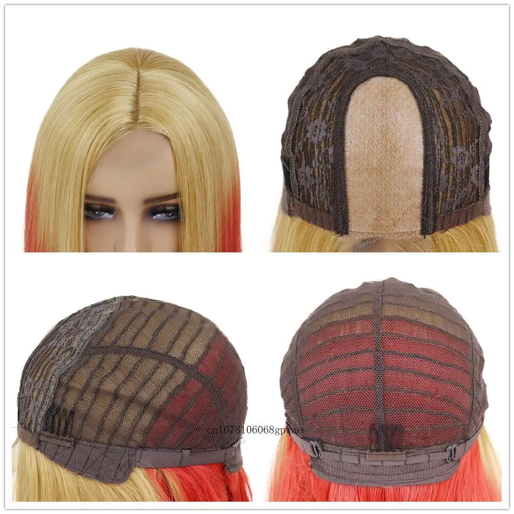Perruques synthétiques rouges ombrées à devant en dentelle Perruque courte et droite avec racines blondes Bob Wig Carnaval Cosplay Halloween Party Résistant à la chaleur_voghion.com