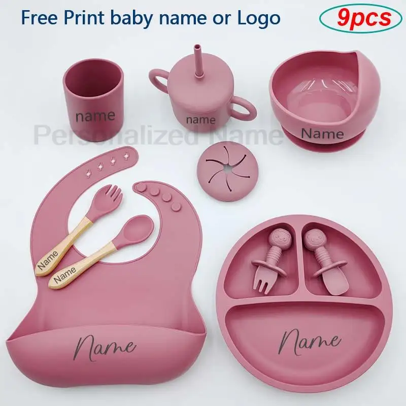 

9Pcs Baby Silicone Feeding Sets Suction Cup Bowl Dishes Kids Spoon Fork Feeding Snack Cup Personalized Name Baby's Tableware
