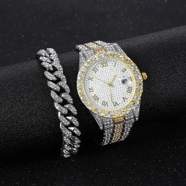 2pcs/set - Glitzy Rhinestone Watch & Cuban Link Bracelet Set - Image 3