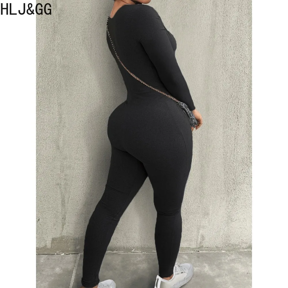 HLJ&GG Casual Solid Sporty Jumpsuits Women Deep V Long Sleeve Slim Zipper Playsuits Spring New Female Bodycon One Piece Overalls