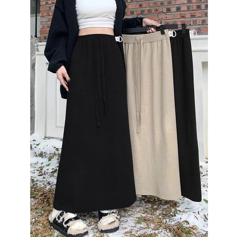 Korean Style Maternity Knitted Skirts Drawstring Waist Back Split Pregnant Woman Straight Skirt Adjustable Waist Pregnancy Skirt