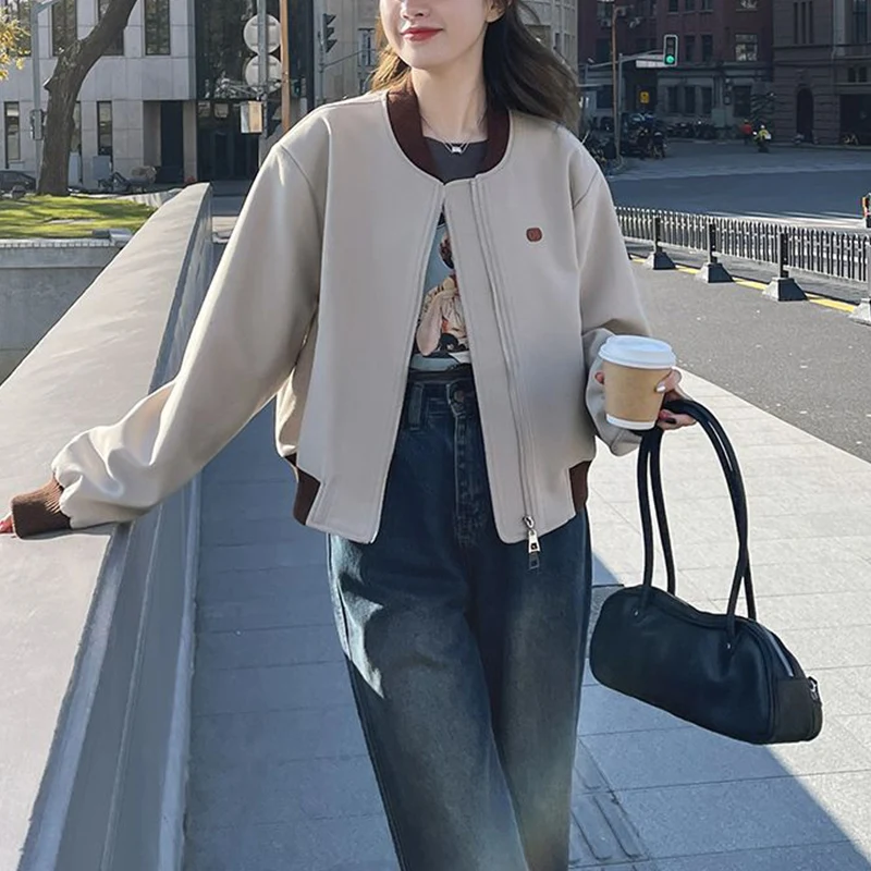Autumn Winter New Women's Casual Fashion Patchwork Jacket Female Contrast Color Zipper Coat Ladies Loose All-match Outwear Tops