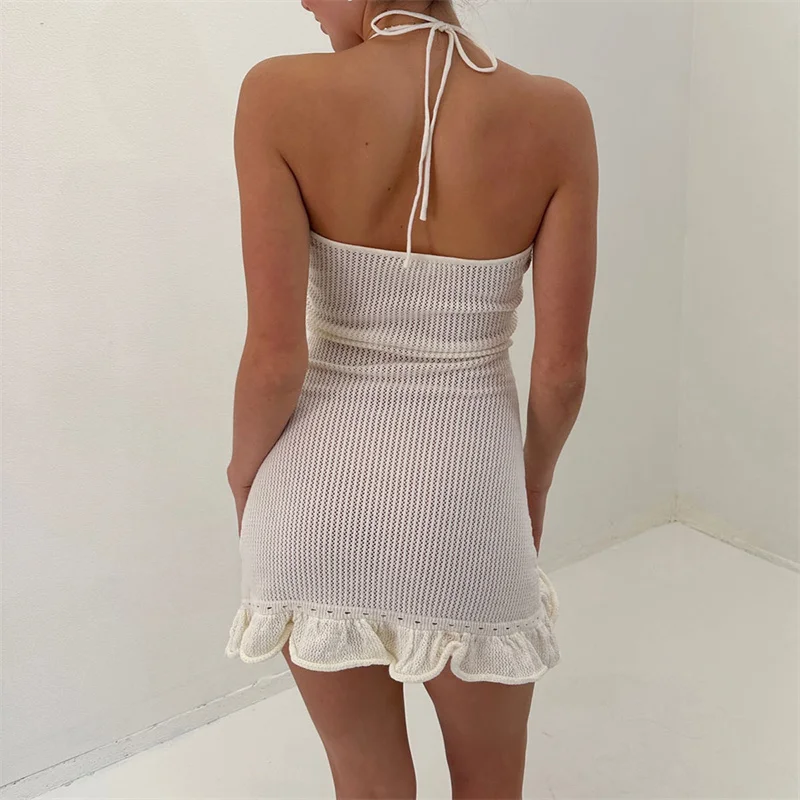 Halter Dress y2k Clothes Women Summer Solid Color Sleeveless Knitted Bodycon Dress with 3D Flower Beach Party Dresses