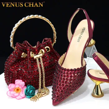 Venus Chan Pointed Toe Heels for Women 2023 Elegant Party Wine Color Full Diamond Pumps Italian Shoes and Bags Matching Set 1